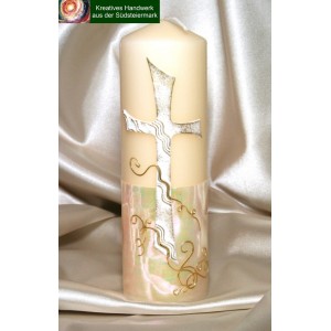Kerze lt. Abbildung (ohneTeller) - lieferbereit  vanillegelbe Kerze mit Kreuz 21 x 6 cm